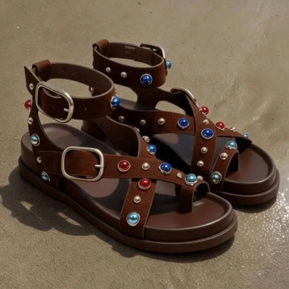 Women's Brown Studded Multi-Color Gem Strap Sandals bohemian gladiator. - Picture 6 of 6